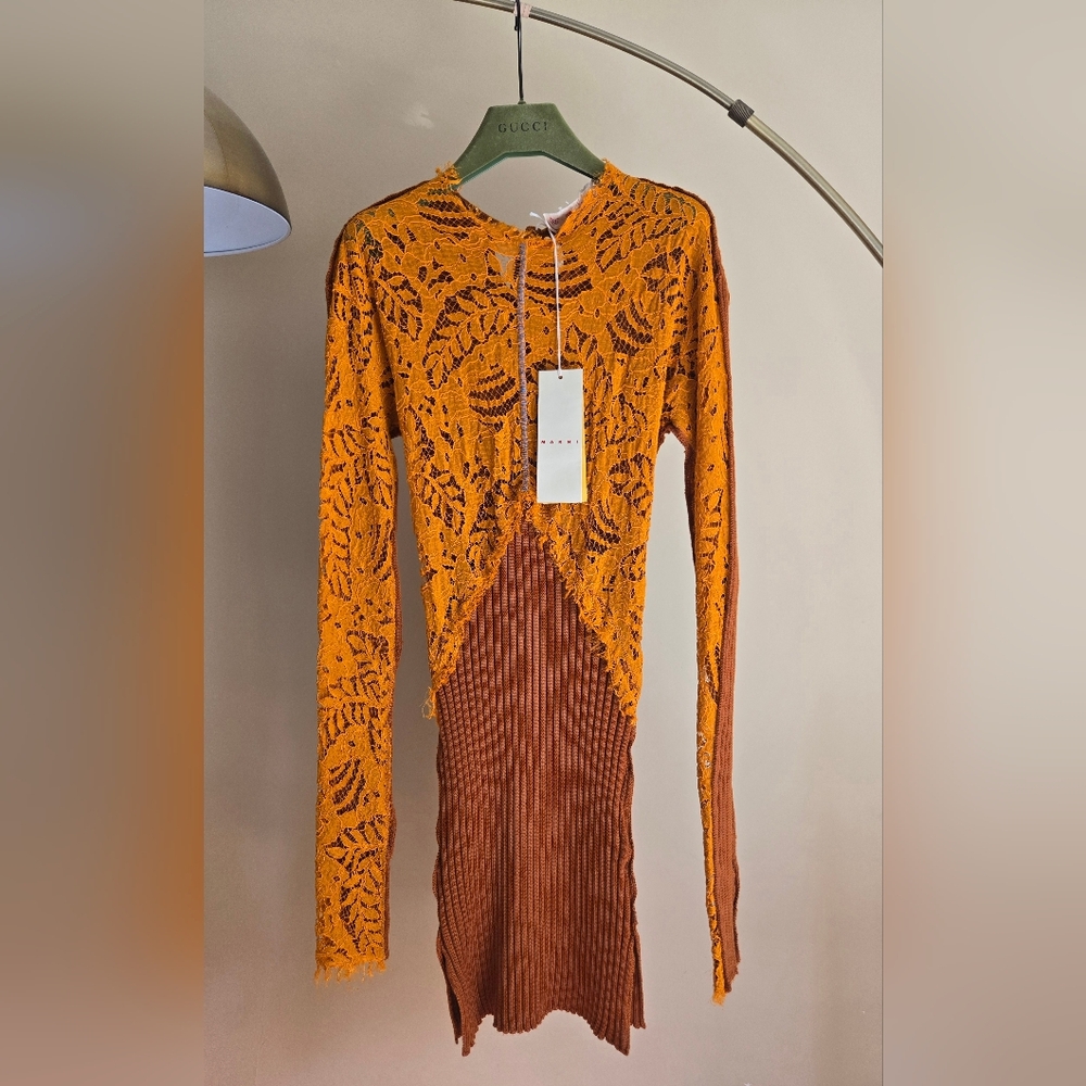 NWT MARNI  Amber Color Lace Long Sleeve Dress Made In Italy, 100%Virgin Wool